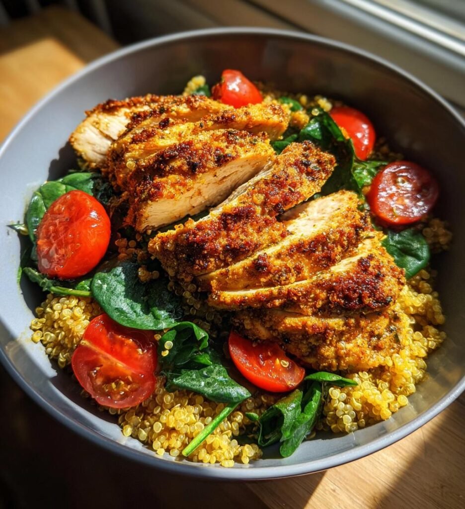 Air fryer pesto chicken quinoa bowl