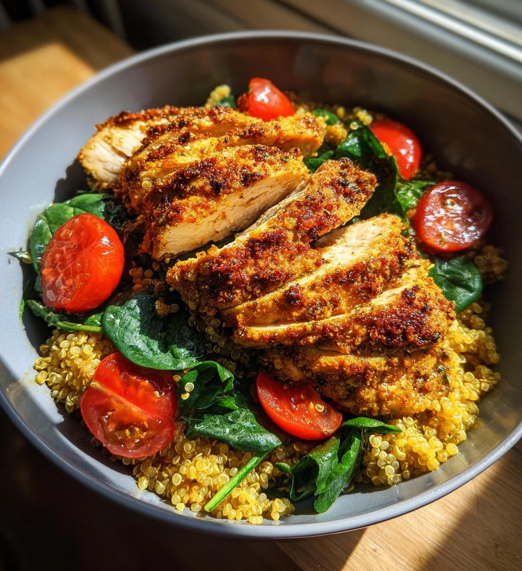 Air fryer pesto chicken quinoa bowl